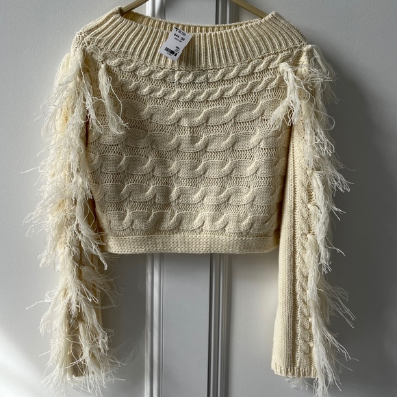 AKIRA OFF SHOULDER FRINGE SWEATER SMALL - Picture 2 of 4